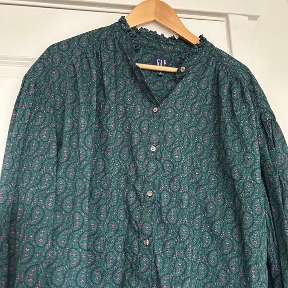 Gap Green Paisley Print Long Sleeve Mock Neck Top Blouse Women's Large Whimsical - Picture 4 of 10